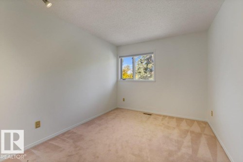 Neutral tone wall paint, track lighting, window with exterior scenery, and carpet flooring - 507 Burton Close Nw, Edmonton, AB 
