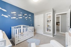 Recessed built-in shelving, paneled interior doors, and neutral carpeting - 