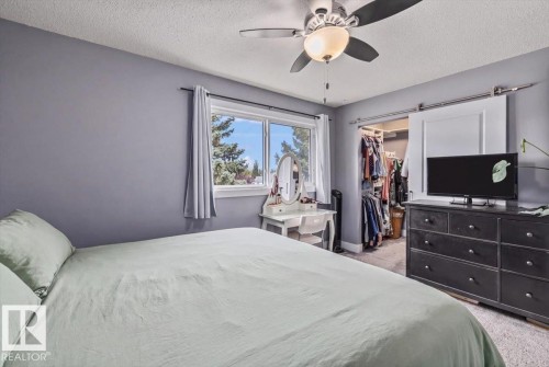 Window with white trim, ceiling fan with light fixture, carpeted flooring, and a barn door - 1040 Lakewood Rd N Nw, Edmonton, AB 