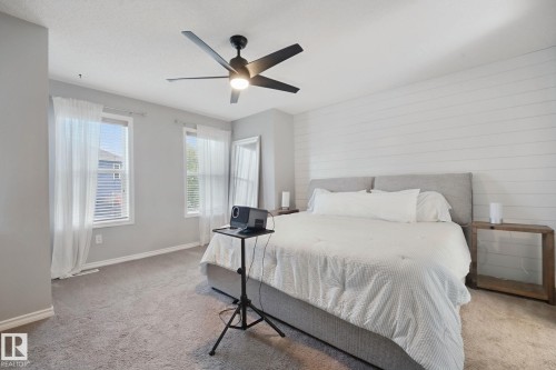 Accent wall with horizontal paneling, ceiling fan with integrated lighting, two windows with blinds, and carpeted flooring - 324 Ascott Crescent, Sherwood Park, AB 