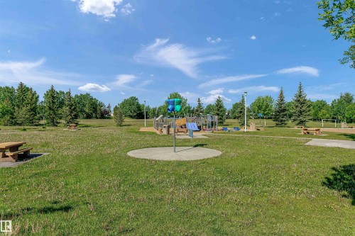 Expansive green space featuring a playground structure, multiple picnic tables, paved walkways, and mature trees - 4112 37A Avenue Nw, Edmonton, AB 