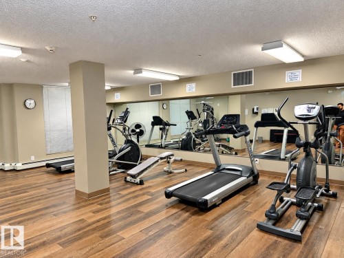 Fitness area featuring wood-finish flooring, full-length wall mirrors, and ceiling-mounted lighting - #116 4008 Savaryn Dr Sw Sw, Edmonton, AB 