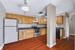Kitchen featuring wood-finish cabinetry, dark countertops, and stainless steel appliances - 