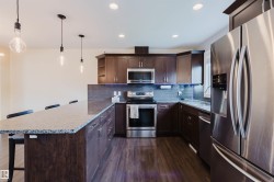 Open-concept kitchen featuring dark wood cabinetry, stainless steel appliances, and a grey tile backsplash - 