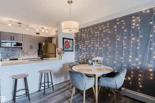 The property features a kitchen with grey cabinetry, stainless steel appliances, and a tiled backsplash - #204 11803 22 Av Sw, Edmonton, AB 