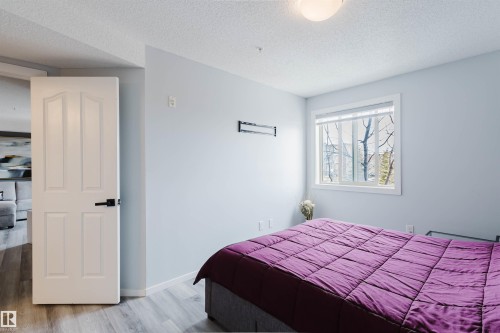 This room features light blue walls, a window with a view of trees, and grey wood-style flooring - #204 11803 22 Av Sw, Edmonton, AB 