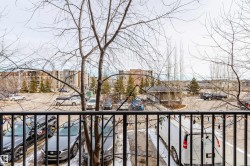 View overlooking the parking area with bare trees and various buildings in the distance - 