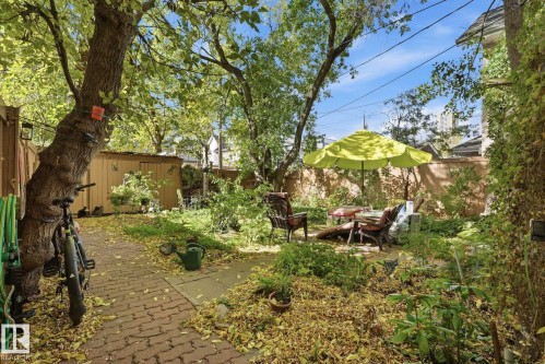 Expansive backyard featuring mature trees, a paver walkway, and a storage shed - 9628 100A Street Nw, Edmonton, AB 