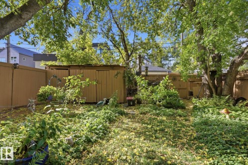 Expansive backyard featuring mature trees, wood fencing, and a built-in storage shed - 9628 100A Street Nw, Edmonton, AB 