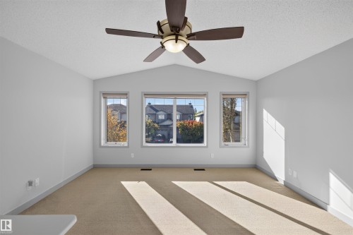 Vaulted ceilings, a ceiling fan with integrated lighting, and multiple windows - 6116 8 Avenue Sw, Edmonton, AB 