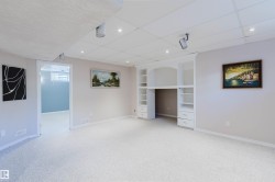 Recessed lighting, track lighting, built-in shelving, built-in drawers, and carpeted flooring - 
