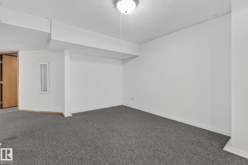 Recessed lighting, textured ceiling, gray carpeting, neutral wall finishes, and a wood-paneled door - 11 Howson Crescent Nw, Edmonton, AB 