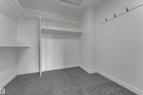 Built-in shelving, hanging rods, coat hooks, and gray carpeting - 58 Silverstone Drive, Stony Plain, AB 