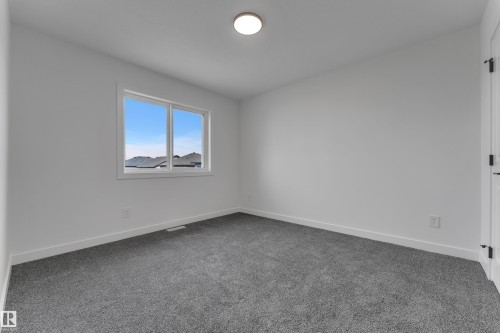 Neutral white walls, plush gray carpeting, modern flush mount ceiling light, and a white window frame - 58 Silverstone Drive, Stony Plain, AB 
