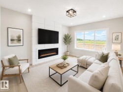 Accent wall with integrated linear electric fireplace, recessed lighting, large picture windows, wood-finish flooring, and a modern flush-mount ceiling fixture - 
