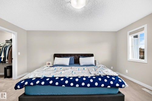 Plush carpet flooring, a single window with white trim, and a built-in closet with shelving - 1673 Cunningham Way Sw, Edmonton, AB 