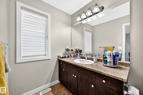 Built-in vanity with a single basin sink, rich wood-finish cabinetry, and a spacious countertop - 1673 Cunningham Way Sw, Edmonton, AB 