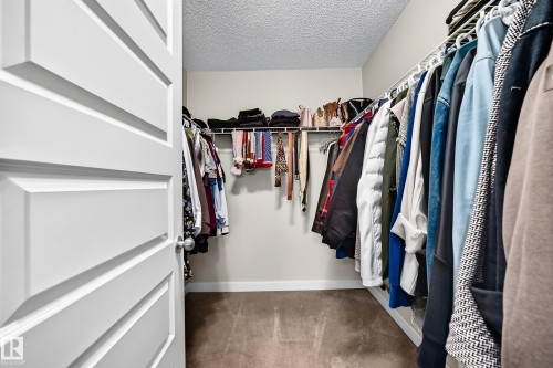 White paneled door opening to a walk-in closet with carpet flooring, white wire shelving, and hanging rods - 1673 Cunningham Way Sw, Edmonton, AB 