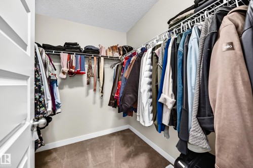Walk-in closet with carpet flooring, light-colored walls, and a white wired shelving system providing ample storage - 1673 Cunningham Way Sw, Edmonton, AB 
