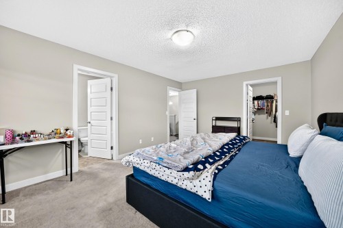 Carpeted flooring, neutral wall paint, overhead lighting, five-panel interior door, and a walk-in closet - 1673 Cunningham Way Sw, Edmonton, AB 