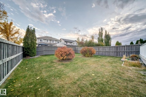 Expansive backyard featuring a manicured lawn, established shrubs, and durable wood fencing - 1673 Cunningham Way Sw, Edmonton, AB 
