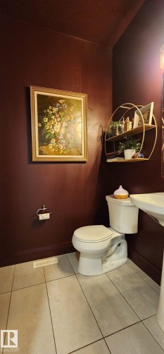 Pedestal sink, wall-mounted toilet paper holder, and a two-tier wall shelf with a gold-finish frame - 3779 Cherry Loop Sw, Edmonton, AB 