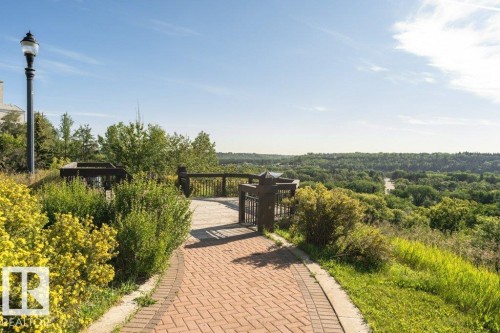 Brick paver pathway with dark wood railings and extensive landscaping - #202 9503 101 Av Nw, Edmonton, AB 