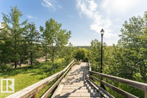 Wood-finish walkway with wooden handrails, surrounded by extensive natural landscaping - #202 9503 101 Av Nw, Edmonton, AB 