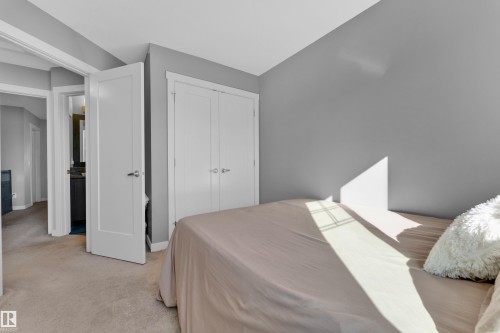 Neutral-toned carpeting, white interior doors, and a double-door closet with chrome hardware - #22 4205 30 St Nw, Edmonton, AB 