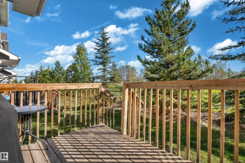 Wood deck with slatted railing, overlooking a sloped grass lawn - #22 4205 30 St Nw, Edmonton, AB 