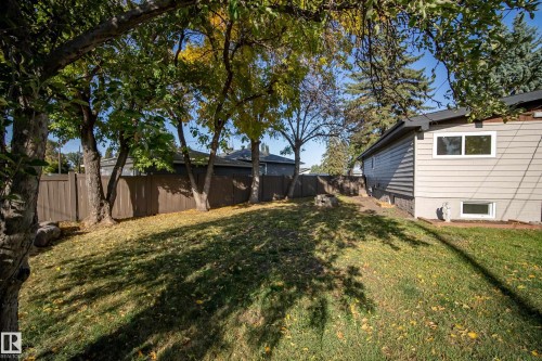 Expansive backyard featuring mature trees, a manicured lawn, and a privacy fence - 10316 42 Street Nw, Edmonton, AB 