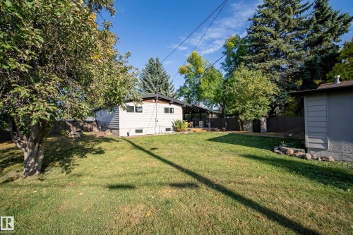 Spacious backyard featuring a manicured lawn, established trees, and a privacy fence - 10316 42 Street Nw, Edmonton, AB 