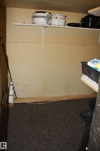 Storage area featuring wall-mounted shelving and carpeted flooring - 5012 49 Ave, Radway, AB 
