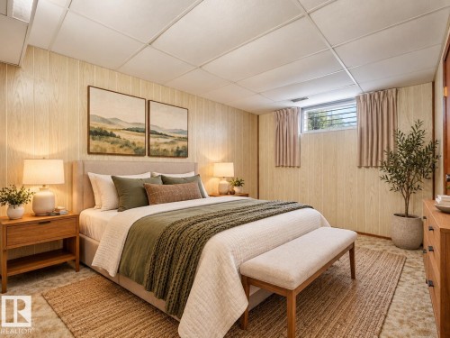 Light wood-finish wall paneling, drop ceiling, and a rectangular window with grates - 5904 94 Avenue Nw, Edmonton, AB 