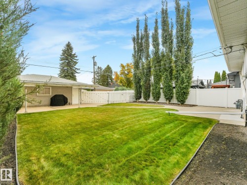 Expansive green lawn, concrete patio, detached garage, white picket fence, and mature trees - 5904 94 Avenue Nw, Edmonton, AB 
