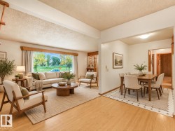 Spacious living area featuring a large picture window, wood-finish flooring, and an open dining area with a tiled accent border - 