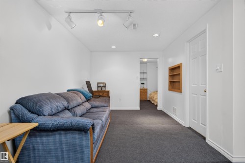 Recessed lighting, track lighting, carpet flooring, white paneled door, built-in wooden shelving - 1519 104 Street Nw, Edmonton, AB 