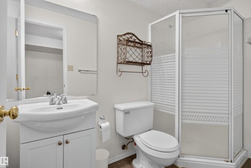 Pedestal vanity with integrated sink, chrome faucet, wall-mounted mirror, and glass-enclosed shower - 1519 104 Street Nw, Edmonton, AB 
