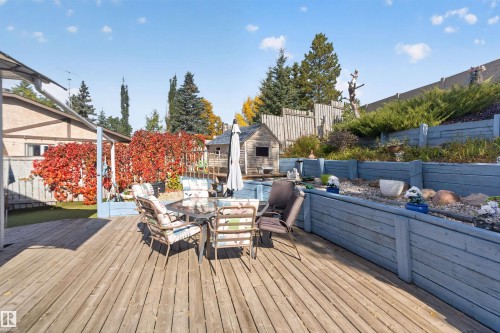 Expansive wood deck with tiered wood planters featuring established shrubbery, surrounded by mature trees - 1519 104 Street Nw, Edmonton, AB 
