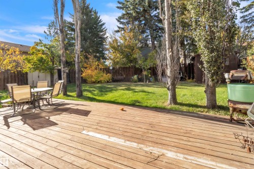 Expansive wood-finish deck with a generous grass area, surrounded by mature trees and a wood fence - 76 Gariepy Crescent Nw, Edmonton, AB 