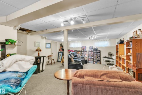 Recessed grid ceiling, track lighting, carpeted flooring, built-in shelving, and multiple windows - 76 Gariepy Crescent Nw, Edmonton, AB 