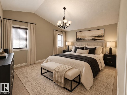 Vaulted ceiling, two windows with blinds, built-in chandelier, and carpeted flooring - 2251 Casey Crescent Sw, Edmonton, AB 