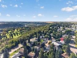 Aerial perspective showcasing a residential area with varied rooflines and extensive tree cover - 