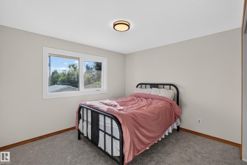 Neutral wall paint, ceiling-mounted light fixture, white window trim, wood-finish baseboards, and carpeted flooring - 23 Clearwater, Devon, AB 