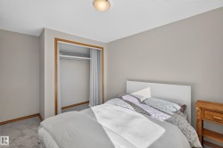 Recessed closet with natural wood trim, wall-to-wall carpeting, neutral wall color, and a flush mount ceiling fixture - 