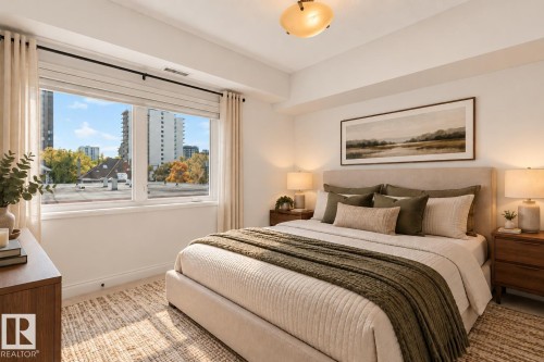 Expansive window, neutral wall color, upholstered headboard, ceiling-mounted light fixture, light-toned flooring - #306 10232 115 St Nw, Edmonton, AB 
