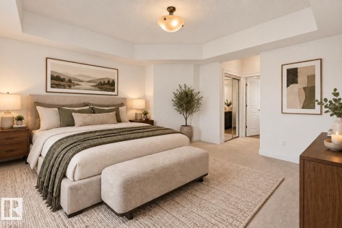 Recessed ceiling details, built-in ceiling light fixture, neutral wall palette, and light-toned carpet flooring - #306 10232 115 St Nw, Edmonton, AB 