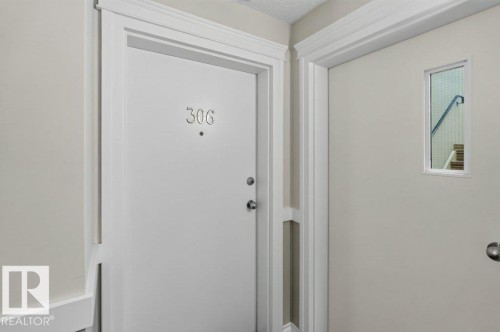 Entryway featuring a white door with numeric designation, polished hardware, and a framed window - #306 10232 115 St Nw, Edmonton, AB 