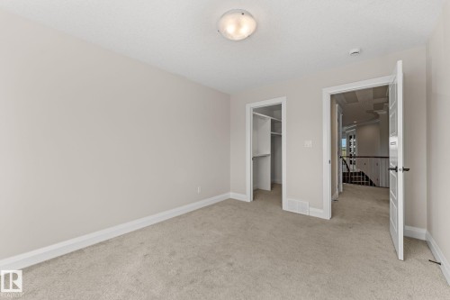 Neutral wall paint, plush carpet flooring, built-in closet shelving, and a ceiling-mounted light fixture - 229 Albany Drive Nw, Edmonton, AB 