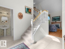 Tiled entry flooring, carpeted staircase with white balusters and wood-finish handrail, and a fireplace with wood-finish mantel - 